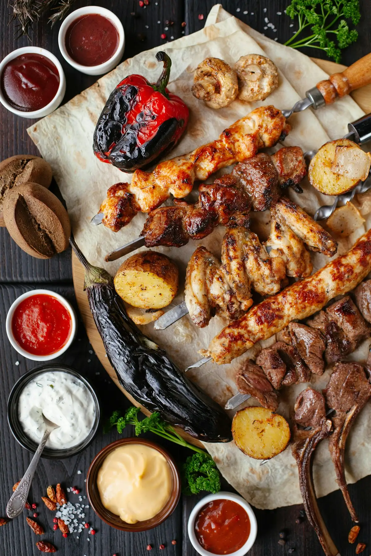 Grilled meats and vegetables on a platter