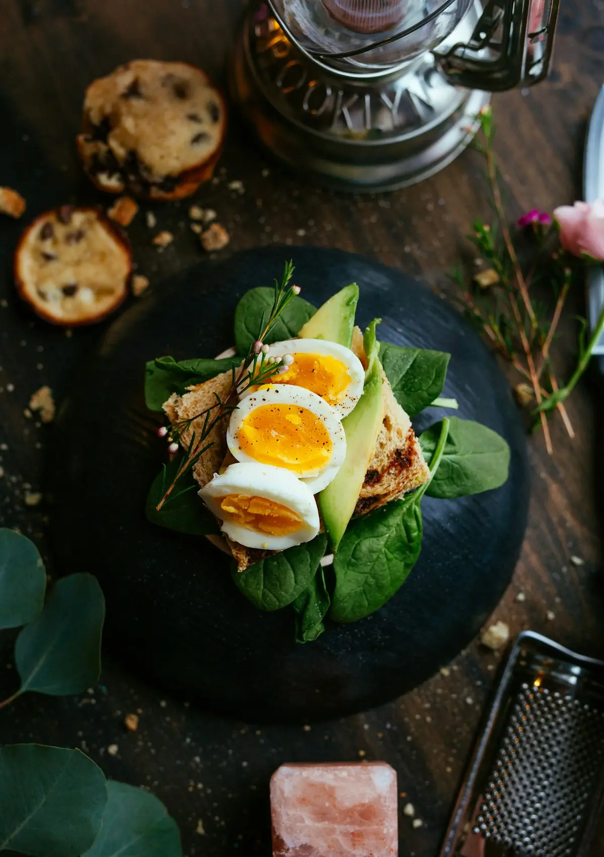 Brunch plate with eggs, greens and toast